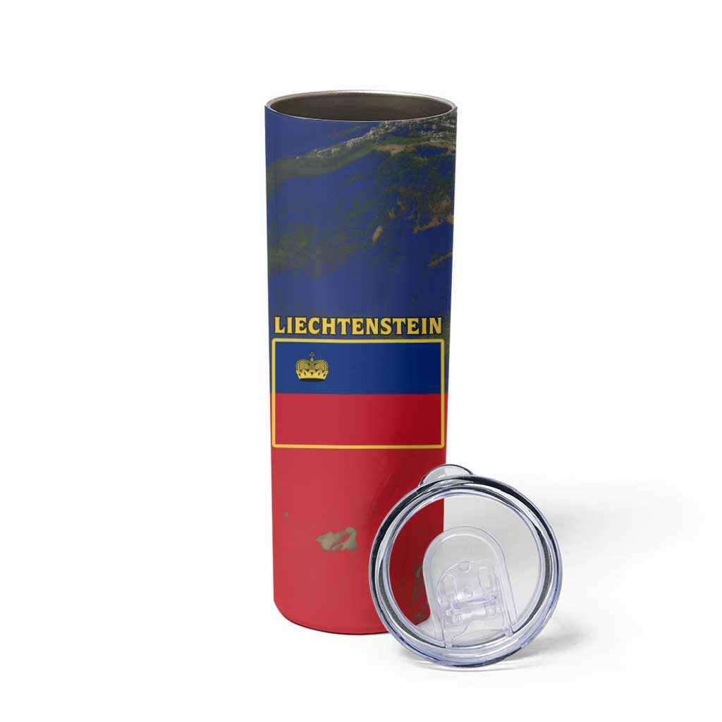 Liechtenstein Skinny Tumbler with Red Blue Aerial River Design and Yellow Crown Emblem - Wonder Print Shop