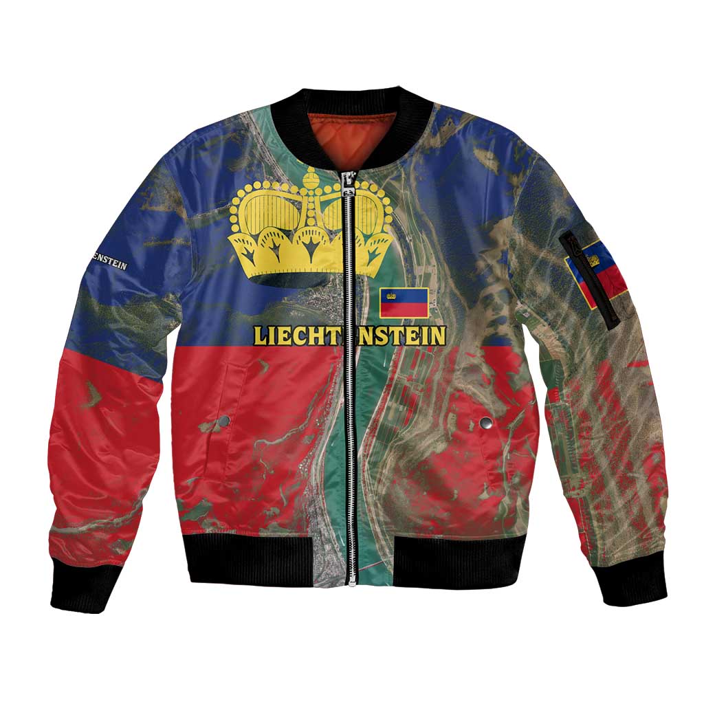 Liechtenstein Sleeve Zip Bomber Jacket with Red Blue Aerial River Design and Yellow Crown Emblem - Wonder Print Shop