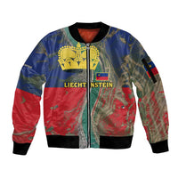 Liechtenstein Sleeve Zip Bomber Jacket with Red Blue Aerial River Design and Yellow Crown Emblem - Wonder Print Shop