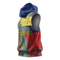 Liechtenstein Sleeveless Hoodie with Red Blue Aerial River Design and Yellow Crown Emblem - Wonder Print Shop