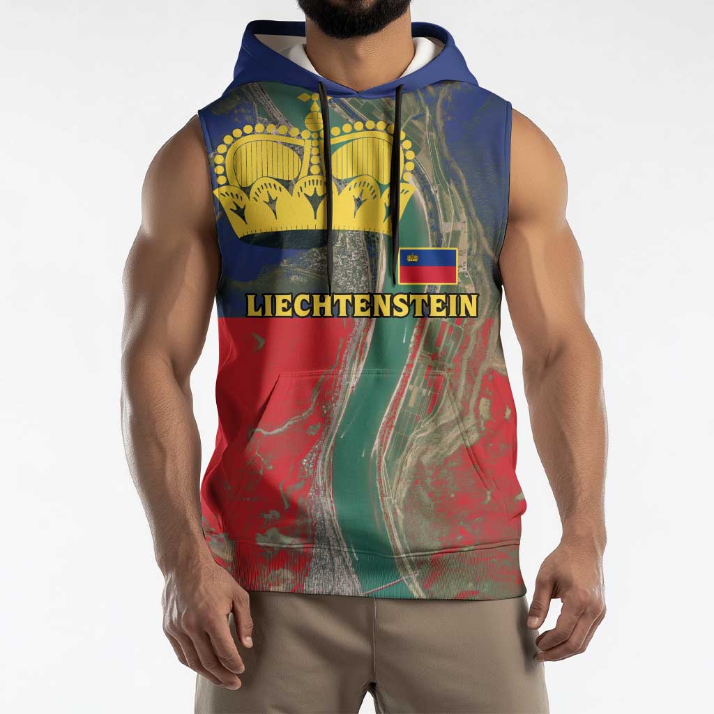 Liechtenstein Sleeveless Hoodie with Red Blue Aerial River Design and Yellow Crown Emblem - Wonder Print Shop
