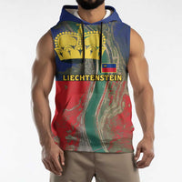 Liechtenstein Sleeveless Hoodie with Red Blue Aerial River Design and Yellow Crown Emblem - Wonder Print Shop