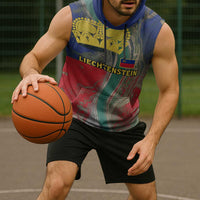 Liechtenstein Sleeveless Hoodie with Red Blue Aerial River Design and Yellow Crown Emblem - Wonder Print Shop