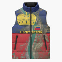 Liechtenstein Sleeveless Puffer Jacket with Red Blue Aerial River Design and Yellow Crown Emblem - Wonder Print Shop
