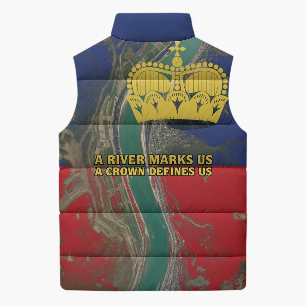 Liechtenstein Sleeveless Puffer Jacket with Red Blue Aerial River Design and Yellow Crown Emblem - Wonder Print Shop