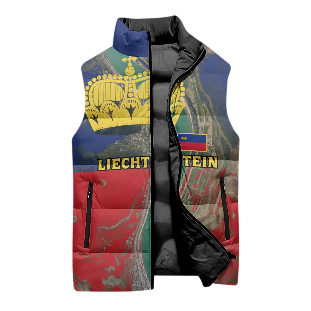 Liechtenstein Sleeveless Puffer Jacket with Red Blue Aerial River Design and Yellow Crown Emblem - Wonder Print Shop