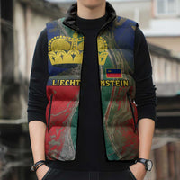 Liechtenstein Sleeveless Puffer Jacket with Red Blue Aerial River Design and Yellow Crown Emblem - Wonder Print Shop