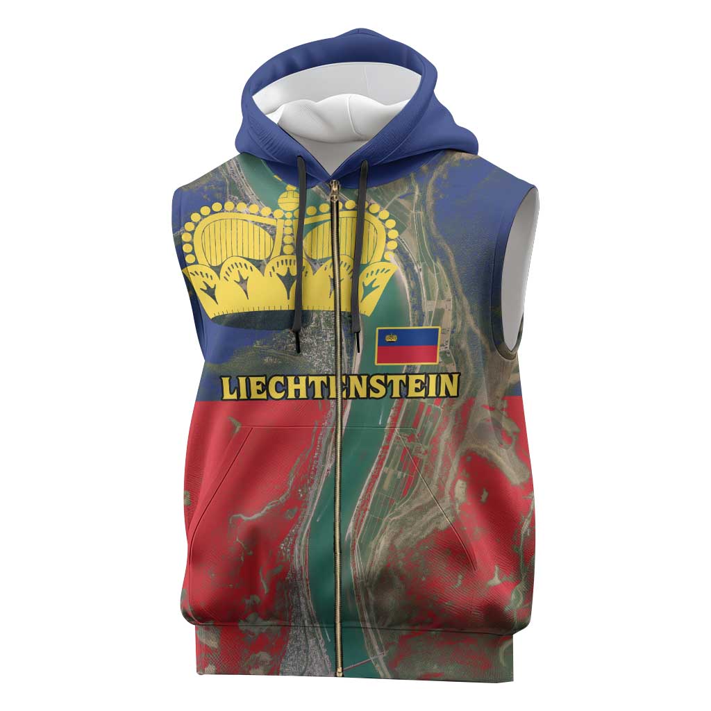 Liechtenstein Sleeveless Zip Hoodie with Red Blue Aerial River Design and Yellow Crown Emblem - Wonder Print Shop