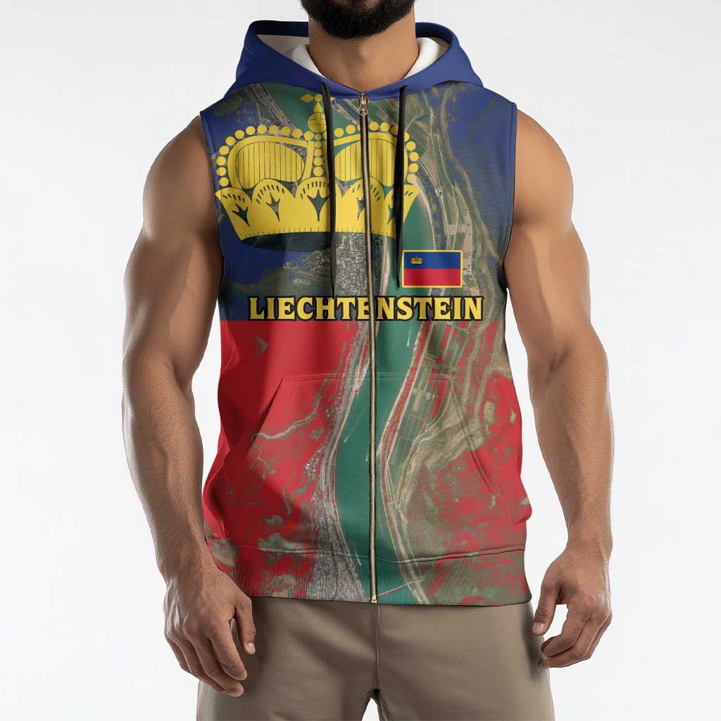 Liechtenstein Sleeveless Zip Hoodie with Red Blue Aerial River Design and Yellow Crown Emblem - Wonder Print Shop