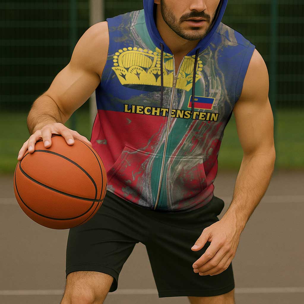 Liechtenstein Sleeveless Zip Hoodie with Red Blue Aerial River Design and Yellow Crown Emblem - Wonder Print Shop