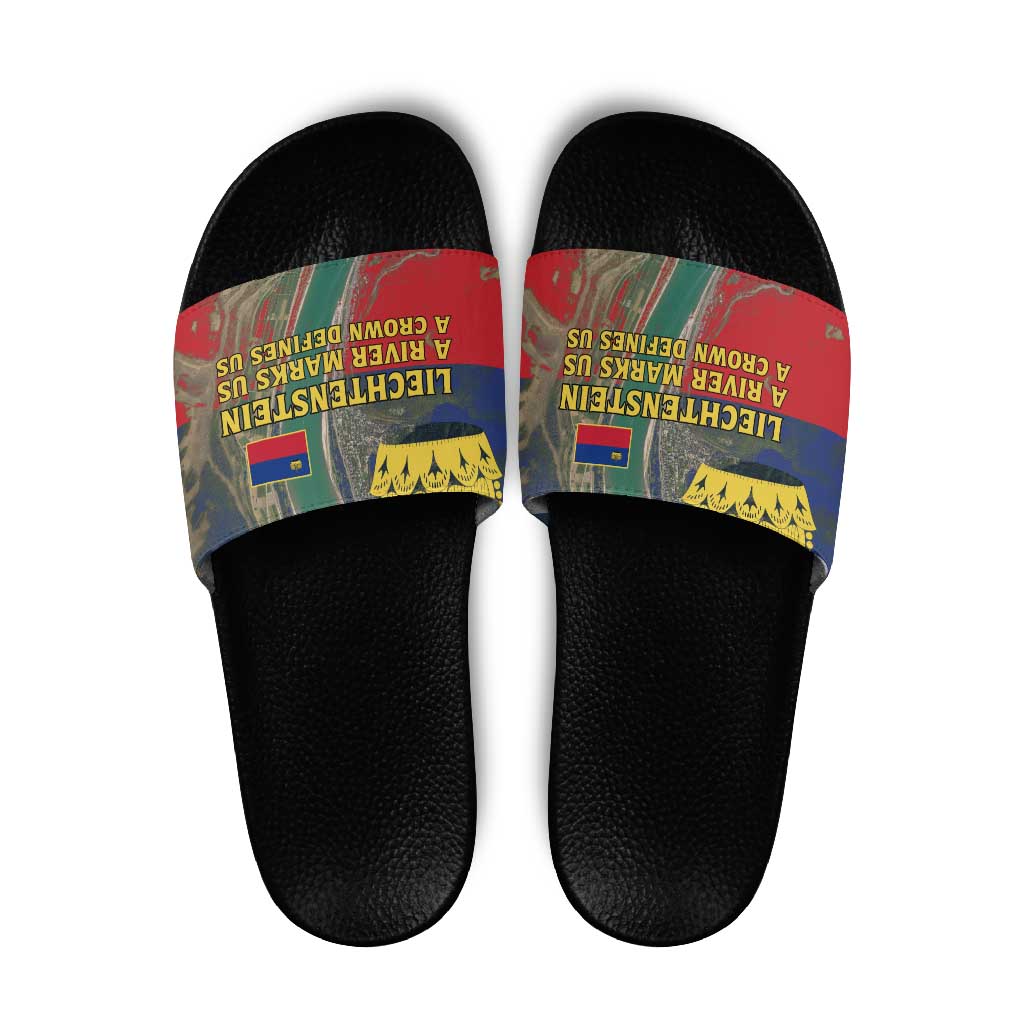 Liechtenstein Slide Sandals with Red Blue Aerial River Design and Yellow Crown Emblem - Wonder Print Shop