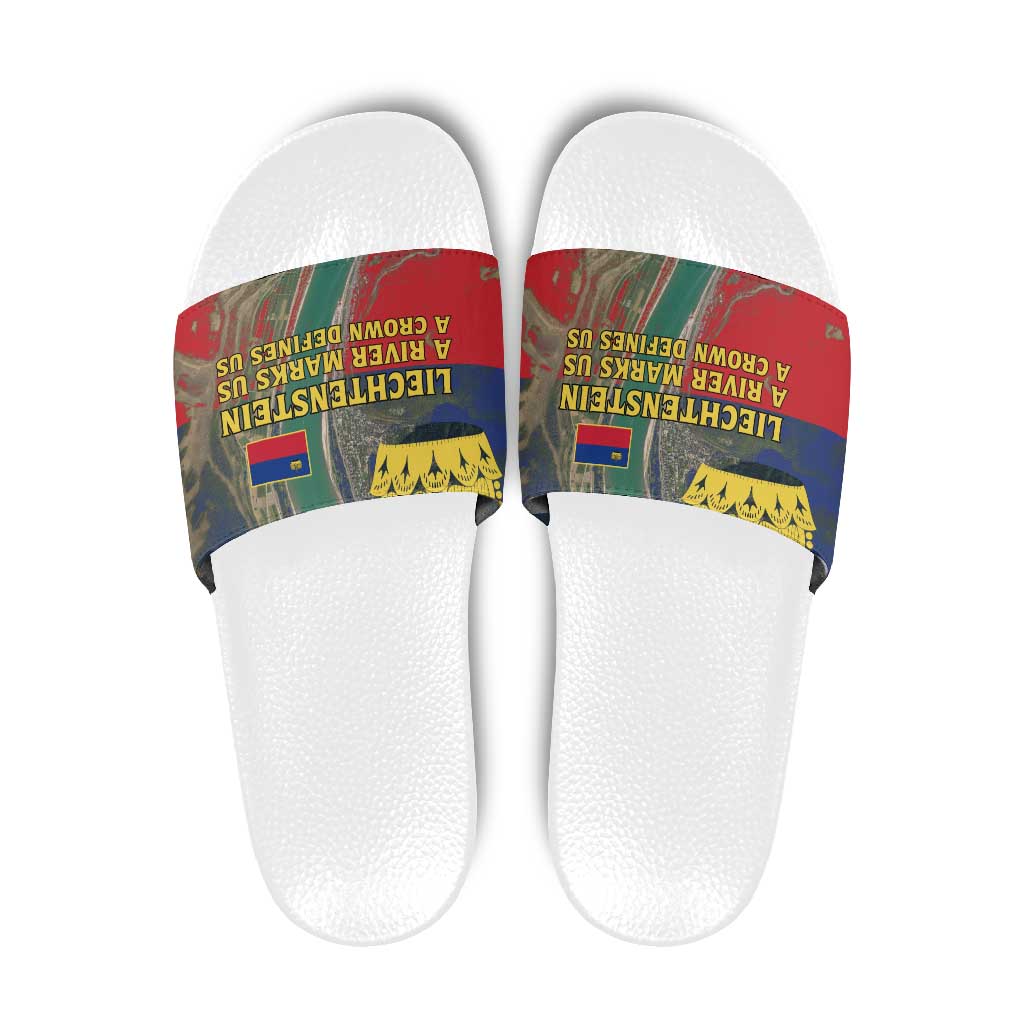 Liechtenstein Slide Sandals with Red Blue Aerial River Design and Yellow Crown Emblem - Wonder Print Shop