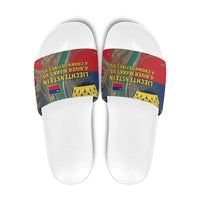 Liechtenstein Slide Sandals with Red Blue Aerial River Design and Yellow Crown Emblem - Wonder Print Shop