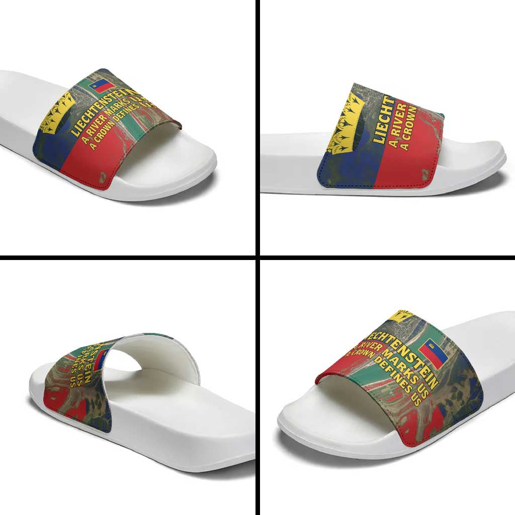 Liechtenstein Slide Sandals with Red Blue Aerial River Design and Yellow Crown Emblem - Wonder Print Shop