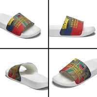 Liechtenstein Slide Sandals with Red Blue Aerial River Design and Yellow Crown Emblem - Wonder Print Shop