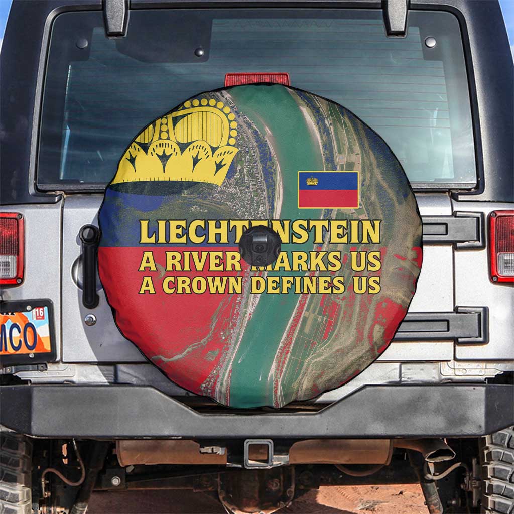 Liechtenstein Spare Tire Cover with Red Blue Aerial River Design and Yellow Crown Emblem - Wonder Print Shop
