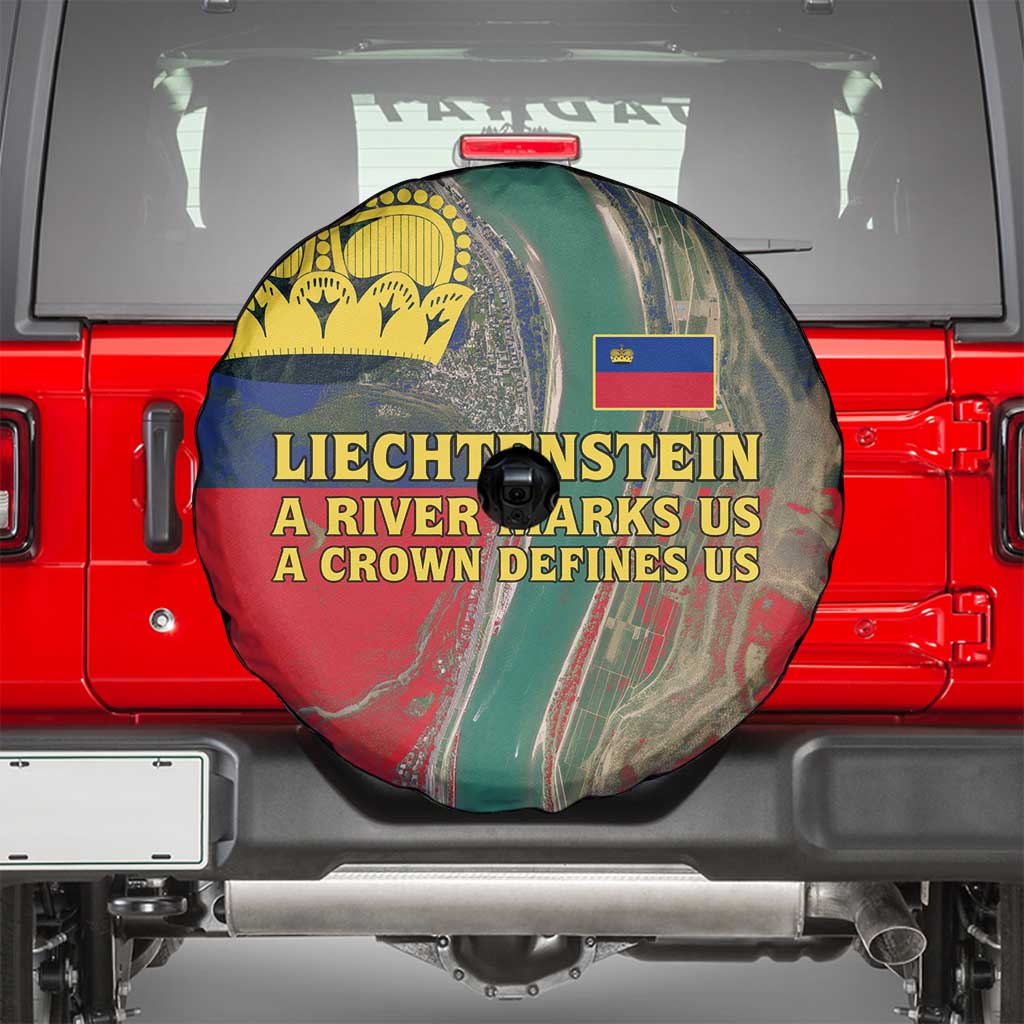 Liechtenstein Spare Tire Cover with Red Blue Aerial River Design and Yellow Crown Emblem - Wonder Print Shop