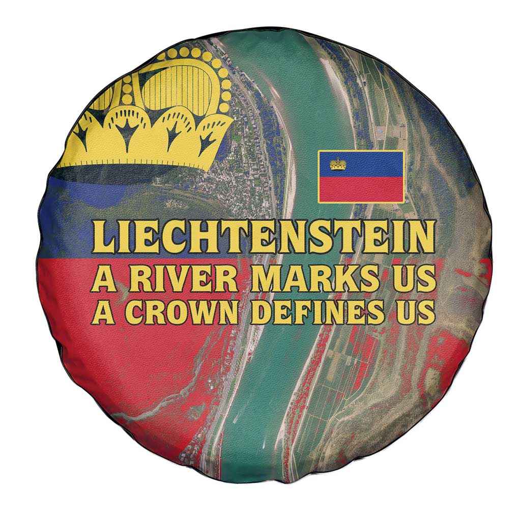 Liechtenstein Spare Tire Cover with Red Blue Aerial River Design and Yellow Crown Emblem - Wonder Print Shop