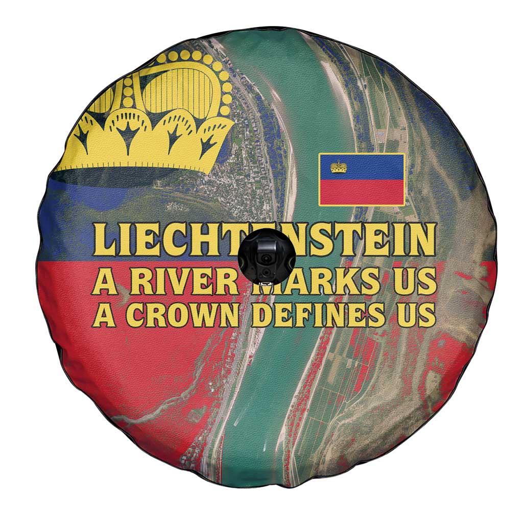 Liechtenstein Spare Tire Cover with Red Blue Aerial River Design and Yellow Crown Emblem - Wonder Print Shop
