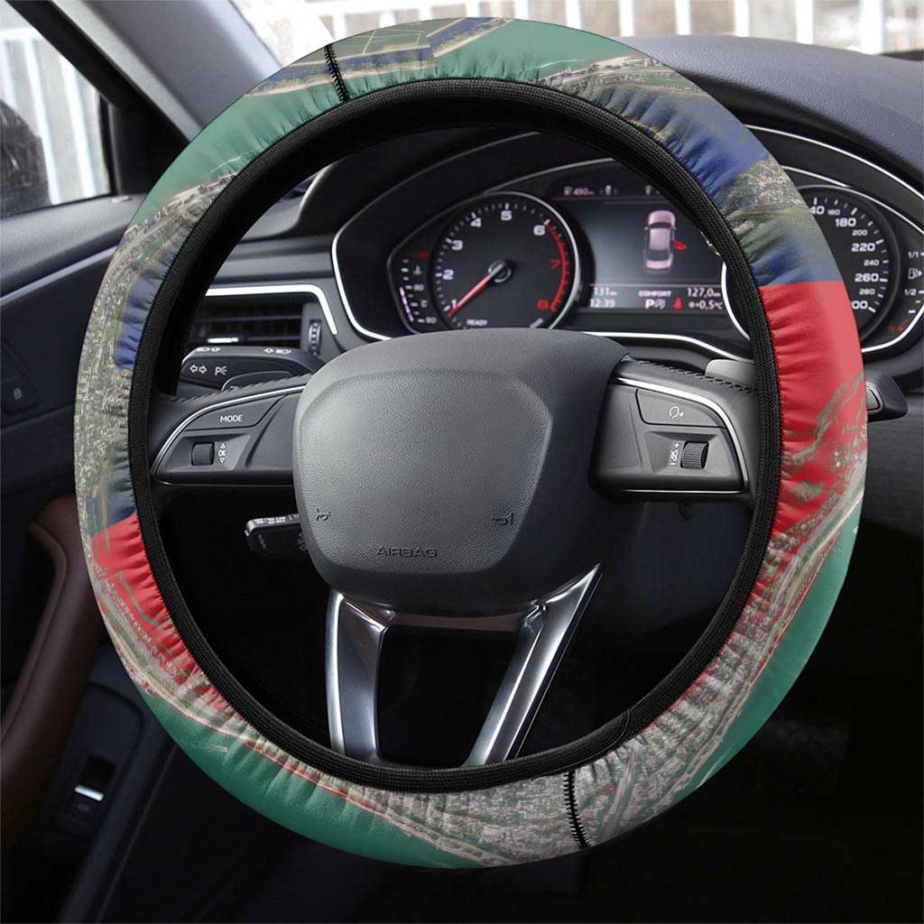 Liechtenstein Steering Wheel Cover with Red Blue Aerial River Design and Yellow Crown Emblem - Wonder Print Shop