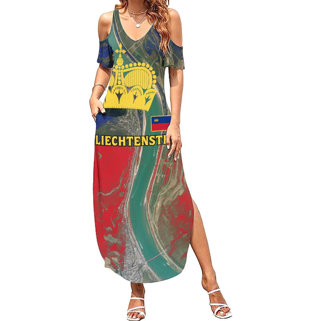 Liechtenstein Summer Maxi Dress with Red Blue Aerial River Design and Yellow Crown Emblem - Wonder Print Shop