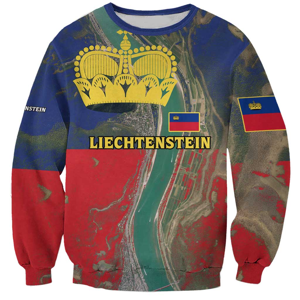 Liechtenstein Sweatshirt with Red Blue Aerial River Design and Yellow Crown Emblem - Wonder Print Shop