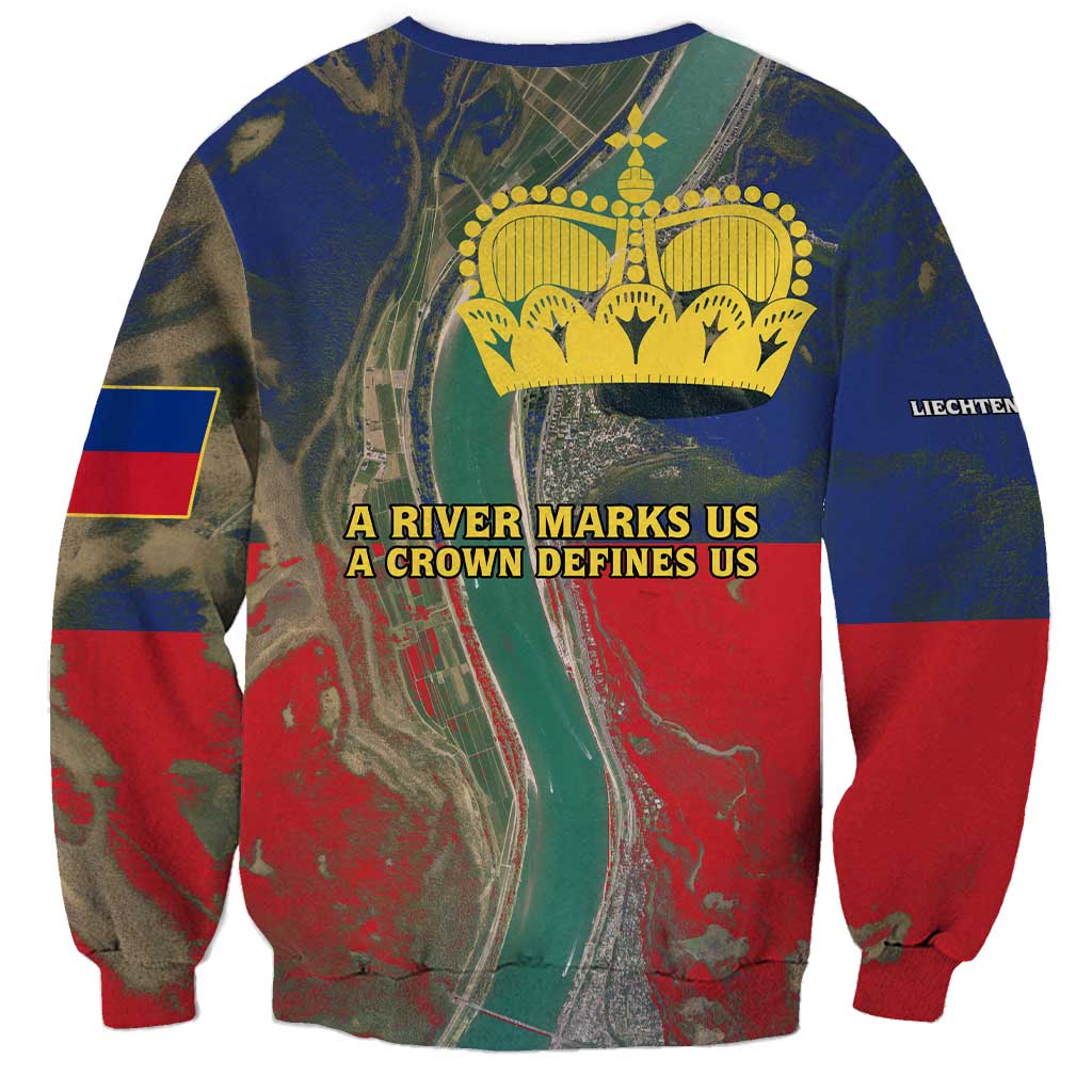 Liechtenstein Sweatshirt with Red Blue Aerial River Design and Yellow Crown Emblem - Wonder Print Shop