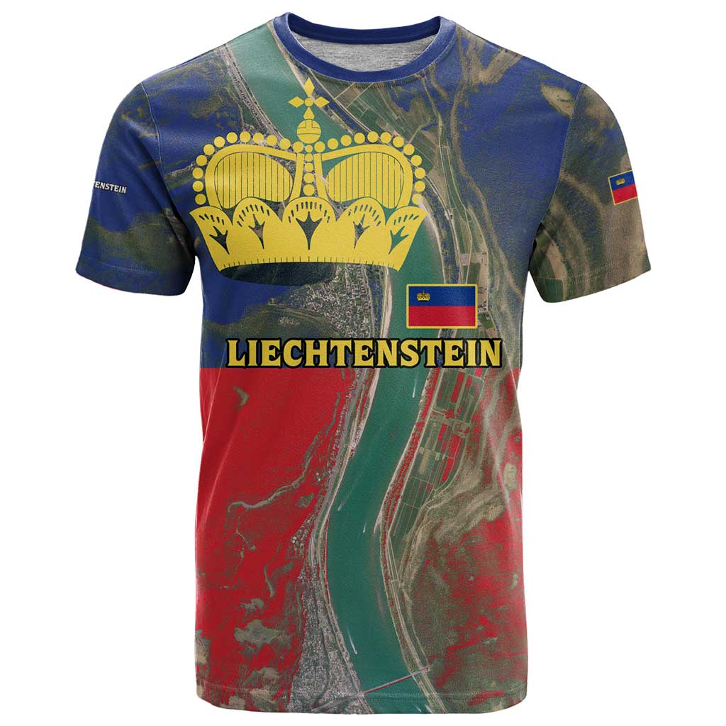 Liechtenstein T Shirt with Red Blue Aerial River Design and Yellow Crown Emblem - Wonder Print Shop
