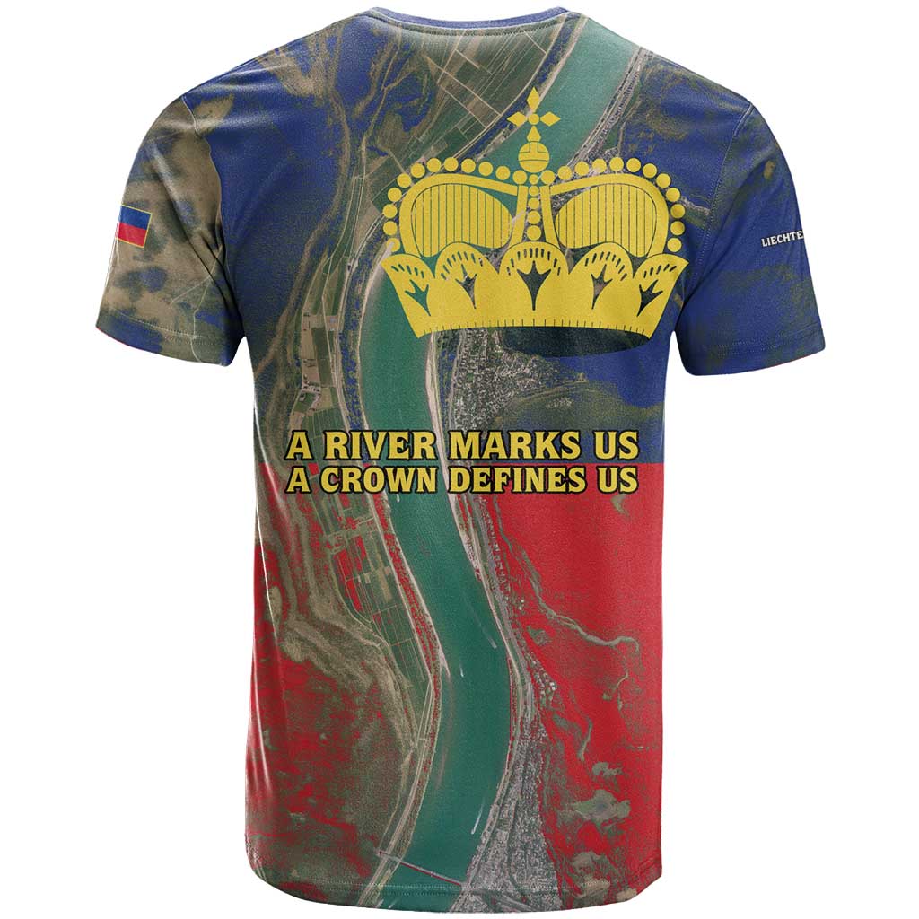 Liechtenstein T Shirt with Red Blue Aerial River Design and Yellow Crown Emblem - Wonder Print Shop