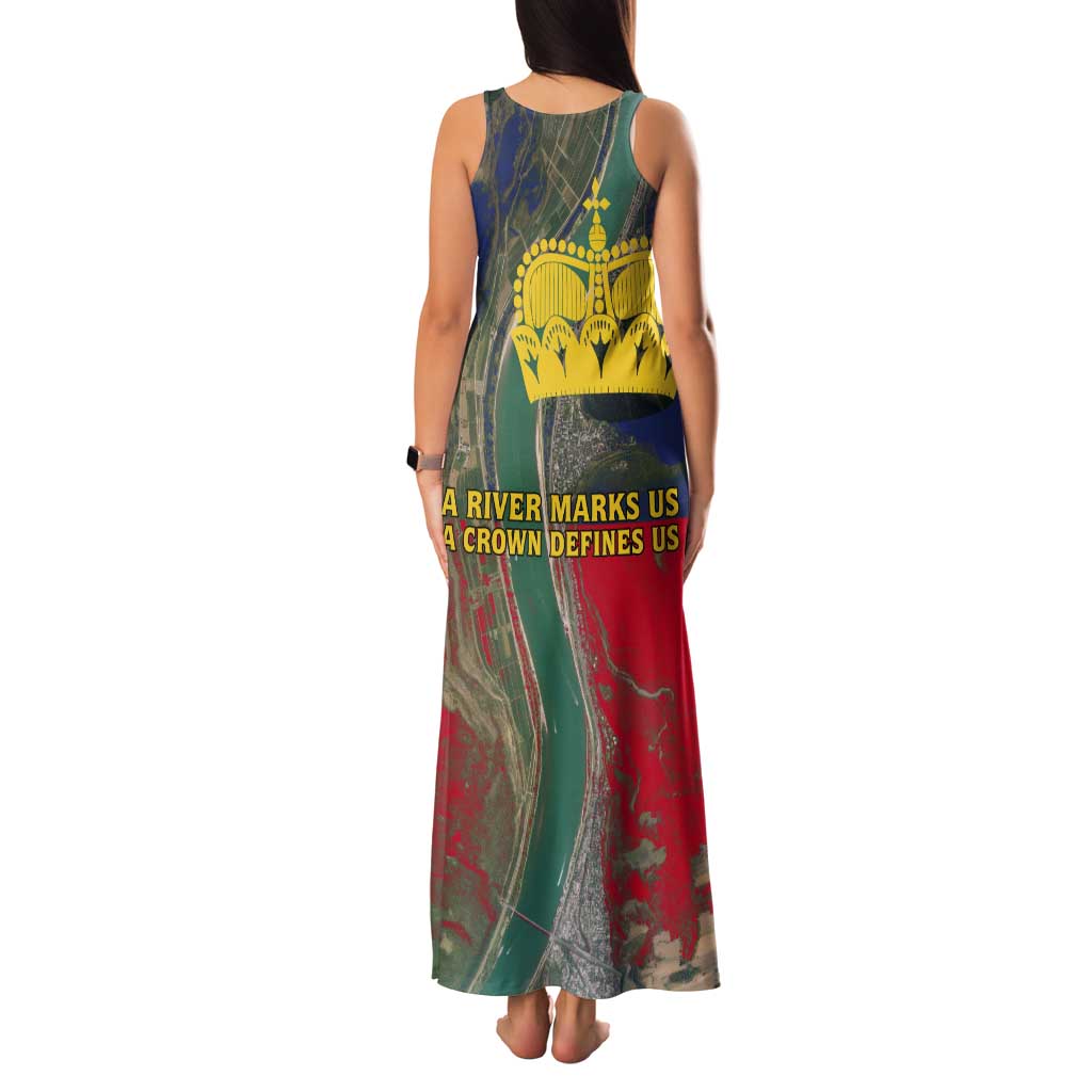 Liechtenstein Tank Maxi Dress with Red Blue Aerial River Design and Yellow Crown Emblem - Wonder Print Shop