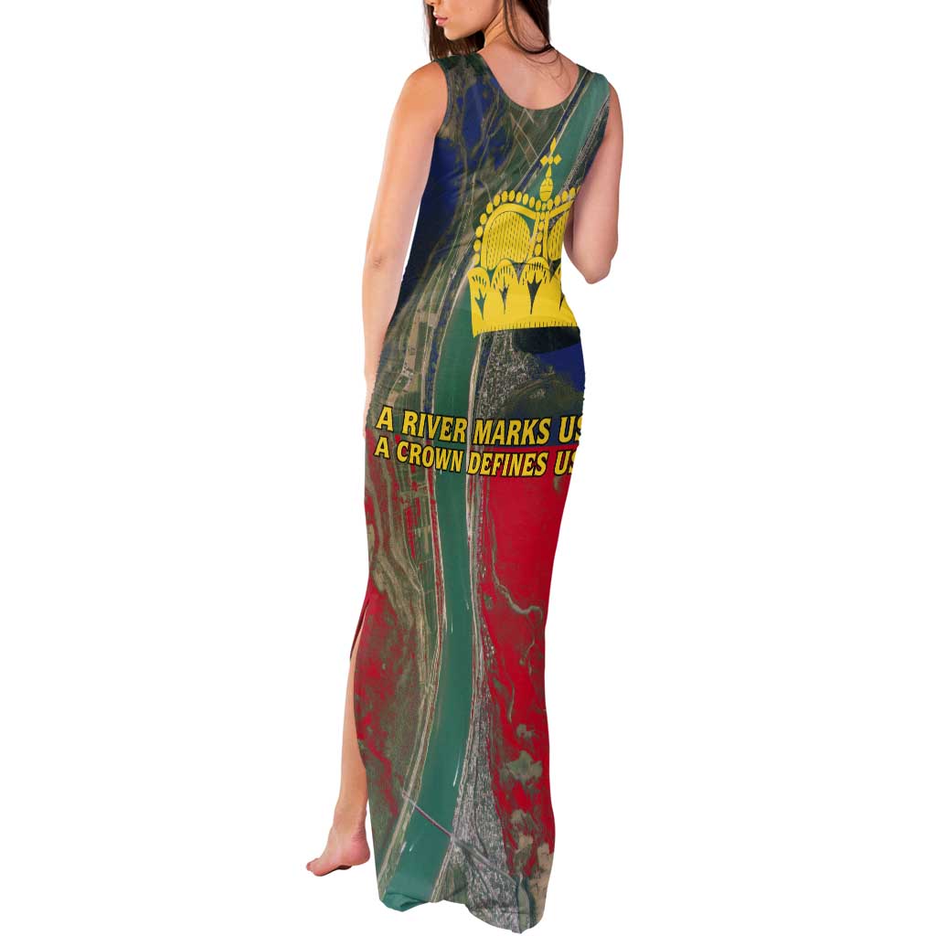 Liechtenstein Tank Maxi Dress with Red Blue Aerial River Design and Yellow Crown Emblem - Wonder Print Shop