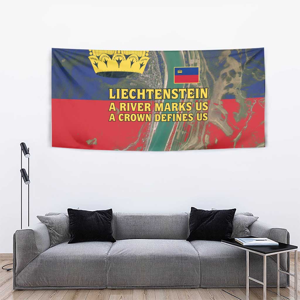 Liechtenstein Tapestry with Red Blue Aerial River Design and Yellow Crown Emblem - Wonder Print Shop