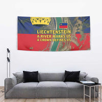 Liechtenstein Tapestry with Red Blue Aerial River Design and Yellow Crown Emblem - Wonder Print Shop