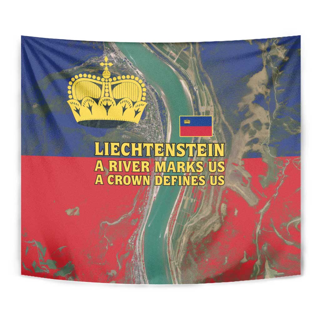 Liechtenstein Tapestry with Red Blue Aerial River Design and Yellow Crown Emblem - Wonder Print Shop