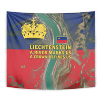 Liechtenstein Tapestry with Red Blue Aerial River Design and Yellow Crown Emblem - Wonder Print Shop