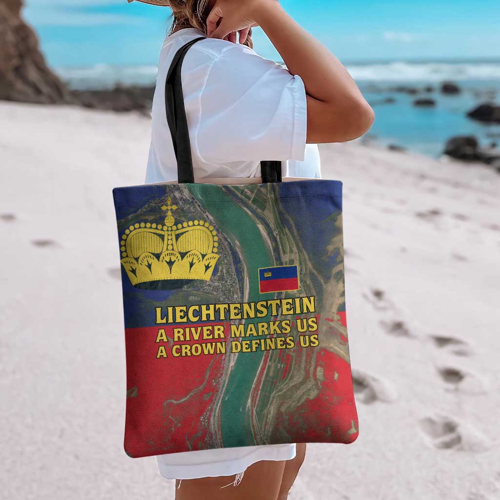 Liechtenstein Tote Bag with Red Blue Aerial River Design and Yellow Crown Emblem - Wonder Print Shop