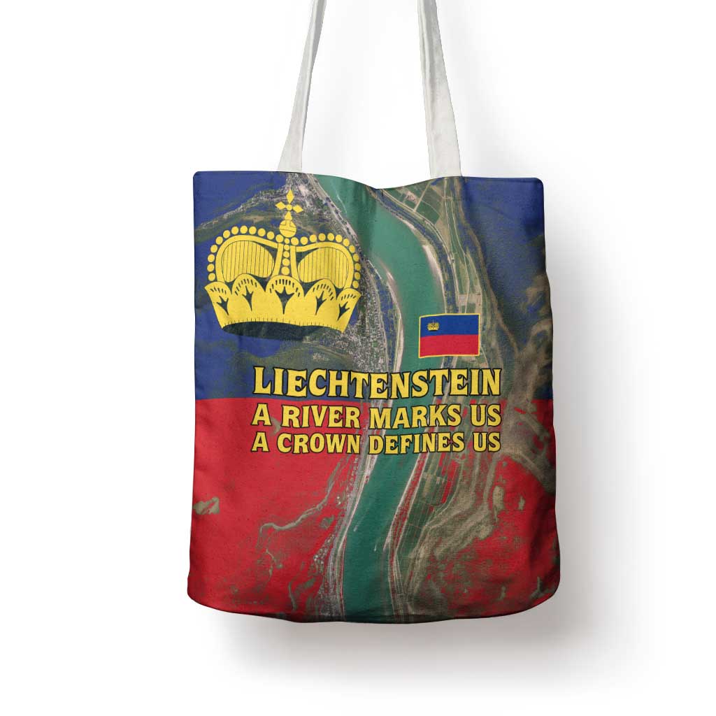 Liechtenstein Tote Bag with Red Blue Aerial River Design and Yellow Crown Emblem - Wonder Print Shop