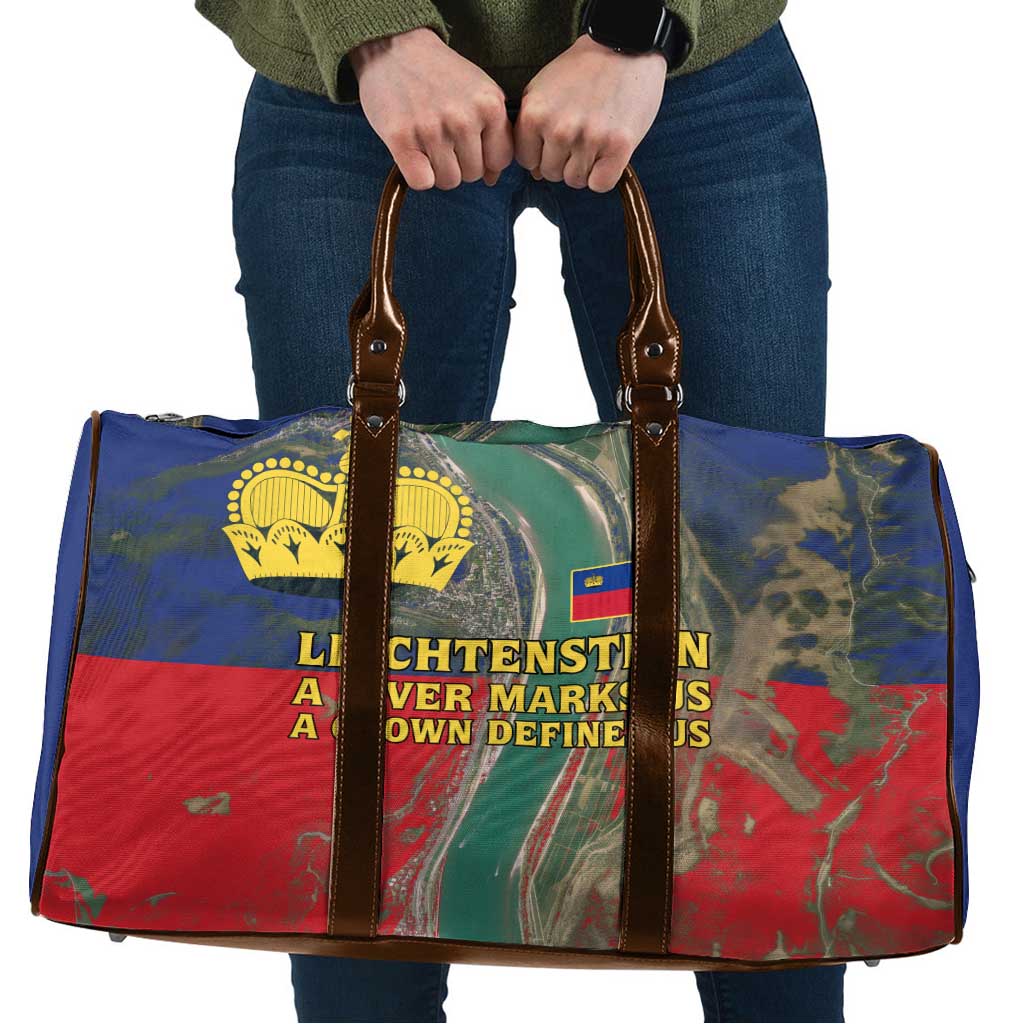 Liechtenstein Travel Bag with Red Blue Aerial River Design and Yellow Crown Emblem - Wonder Print Shop