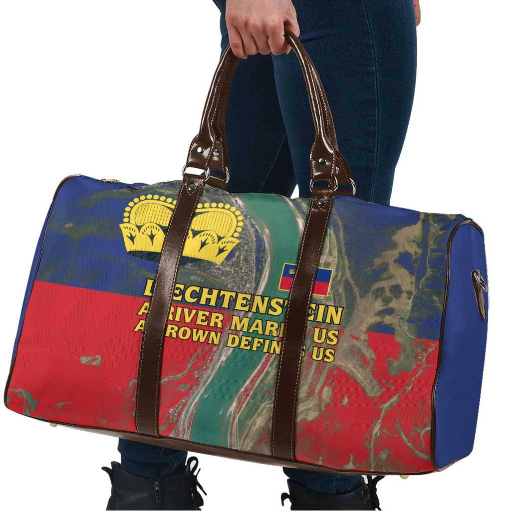 Liechtenstein Travel Bag with Red Blue Aerial River Design and Yellow Crown Emblem - Wonder Print Shop