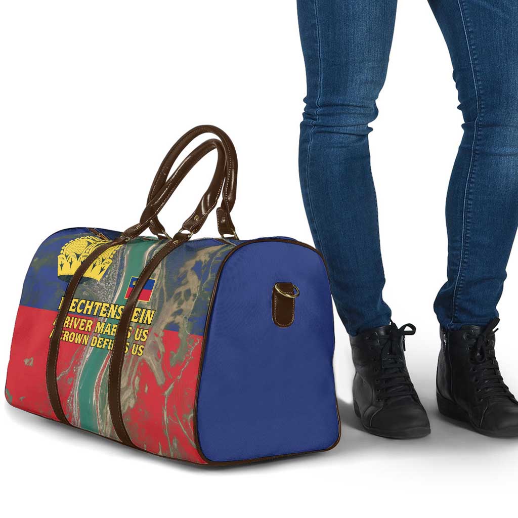 Liechtenstein Travel Bag with Red Blue Aerial River Design and Yellow Crown Emblem - Wonder Print Shop