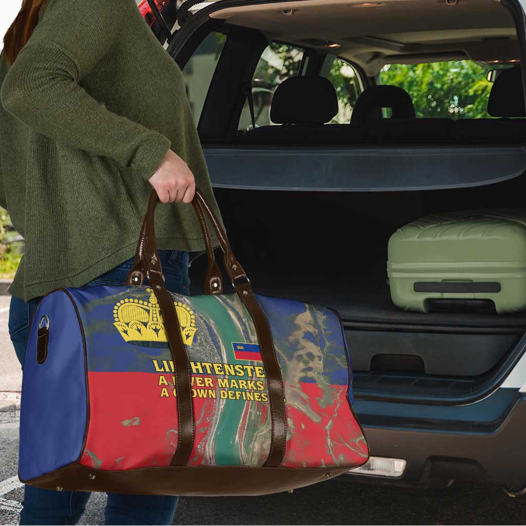 Liechtenstein Travel Bag with Red Blue Aerial River Design and Yellow Crown Emblem - Wonder Print Shop