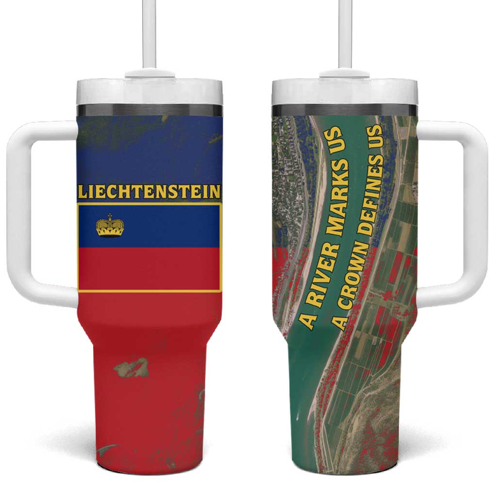 Liechtenstein Tumbler With Handle with Red Blue Aerial River Design and Yellow Crown Emblem - Wonder Print Shop