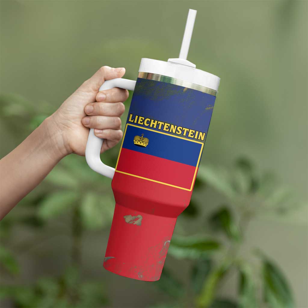 Liechtenstein Tumbler With Handle with Red Blue Aerial River Design and Yellow Crown Emblem - Wonder Print Shop