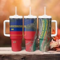 Liechtenstein Tumbler With Handle with Red Blue Aerial River Design and Yellow Crown Emblem - Wonder Print Shop