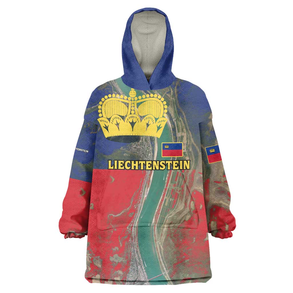 Liechtenstein Wearable Blanket Hoodie with Red Blue Aerial River Design and Yellow Crown Emblem - Wonder Print Shop