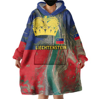 Liechtenstein Wearable Blanket Hoodie with Red Blue Aerial River Design and Yellow Crown Emblem - Wonder Print Shop