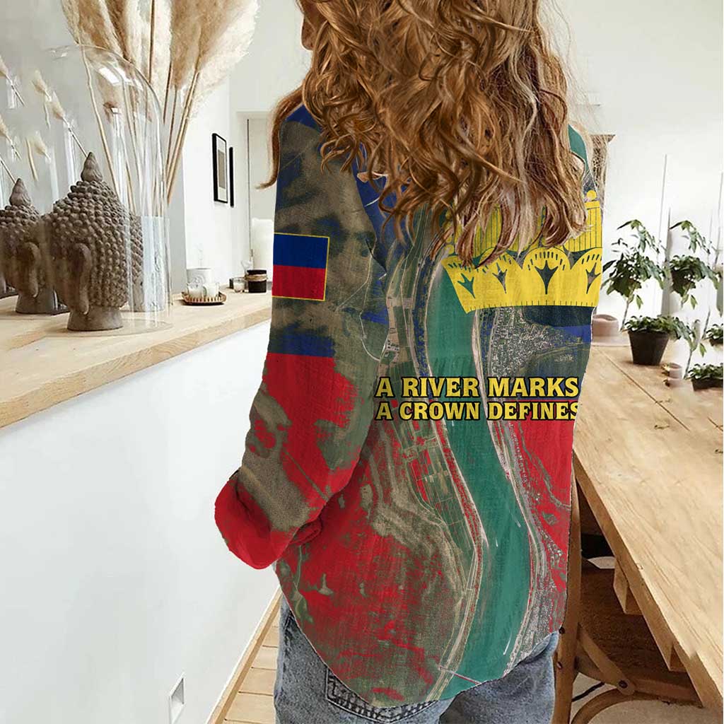 Liechtenstein Women Casual Shirt with Red Blue Aerial River Design and Yellow Crown Emblem - Wonder Print Shop