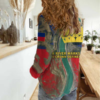 Liechtenstein Women Casual Shirt with Red Blue Aerial River Design and Yellow Crown Emblem - Wonder Print Shop