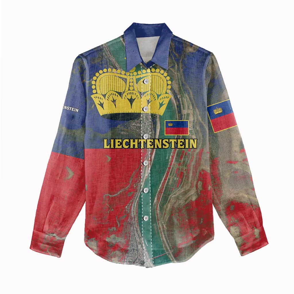 Liechtenstein Women Casual Shirt with Red Blue Aerial River Design and Yellow Crown Emblem - Wonder Print Shop