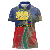 Liechtenstein Women Polo Shirt with Red Blue Aerial River Design and Yellow Crown Emblem - Wonder Print Shop